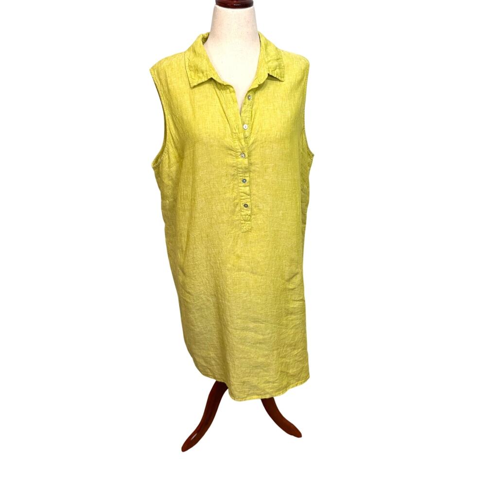 Tahari yellow sleeveless midi shirt dress linen collar & button neckline Sz 2x